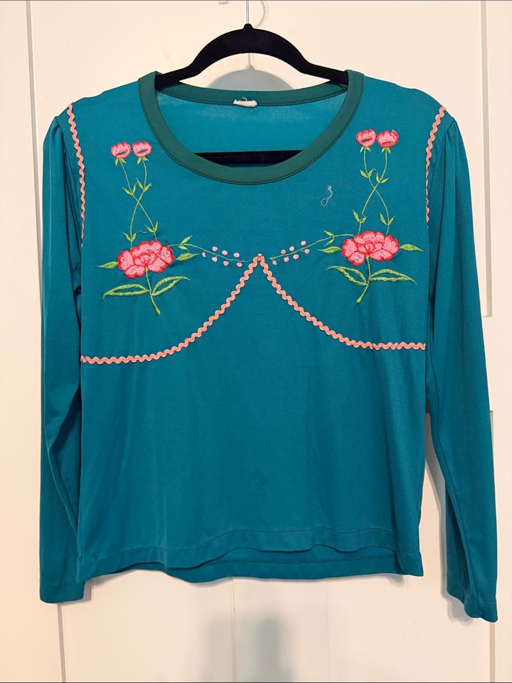 Upcycled Vintage Teal One of a Kind Floral Embroidered Long-Sleeve Top